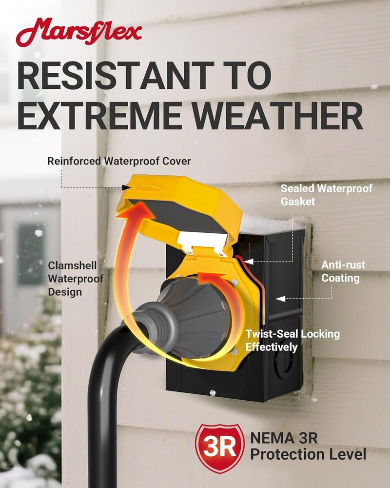 Marsflex 30 Amp Generator Inlet Box, Pre-Drilling NEMA L14-30P Power Inlet Box for 125/250 Volt, 7500 Watts Generator Power Inlet Box, Weatherproof Outdoor Use with LED Power Indicator, ETL Listed - Image 3